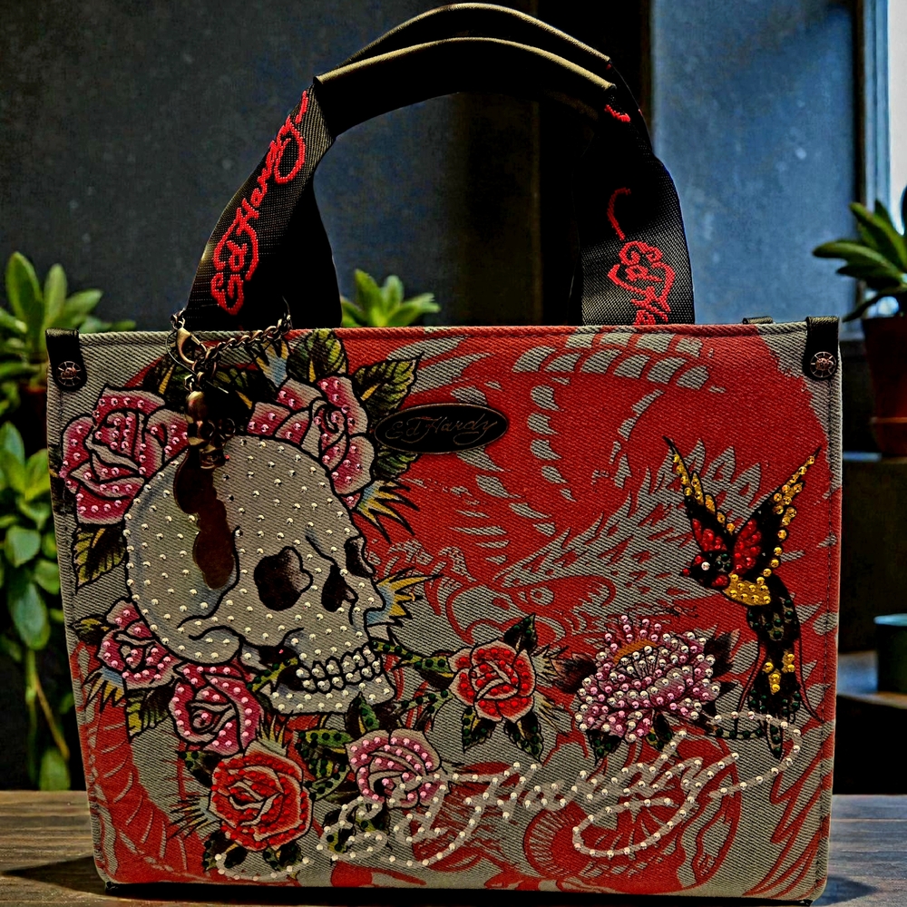 NWT ED HARDY Love Kills Slowly Roses Skull Rhinestone Denim Bag 11"x8.5"x3.5" - Picture 3 of 7